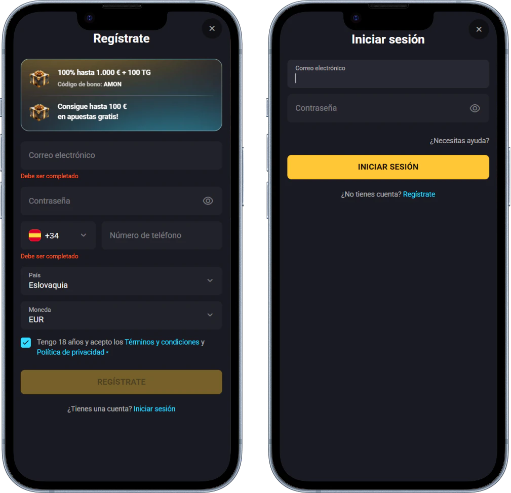 Registro e inicio de sesión en Amonbet